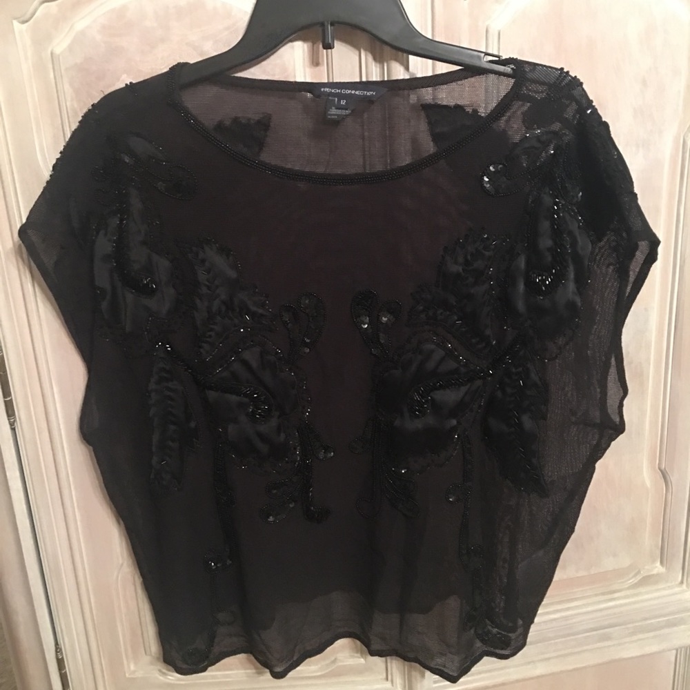 French Connection Embellished Black Cap sleeve top