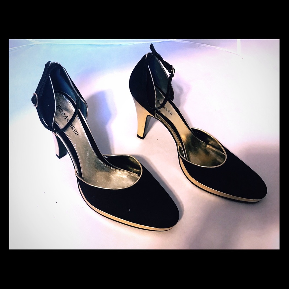 Enzo Angiolini gold and black ankle strap heels