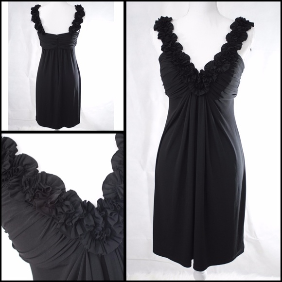 Maggie London Black Cocktail Dress Ruffled Y-Neck - Picture 1 of 8