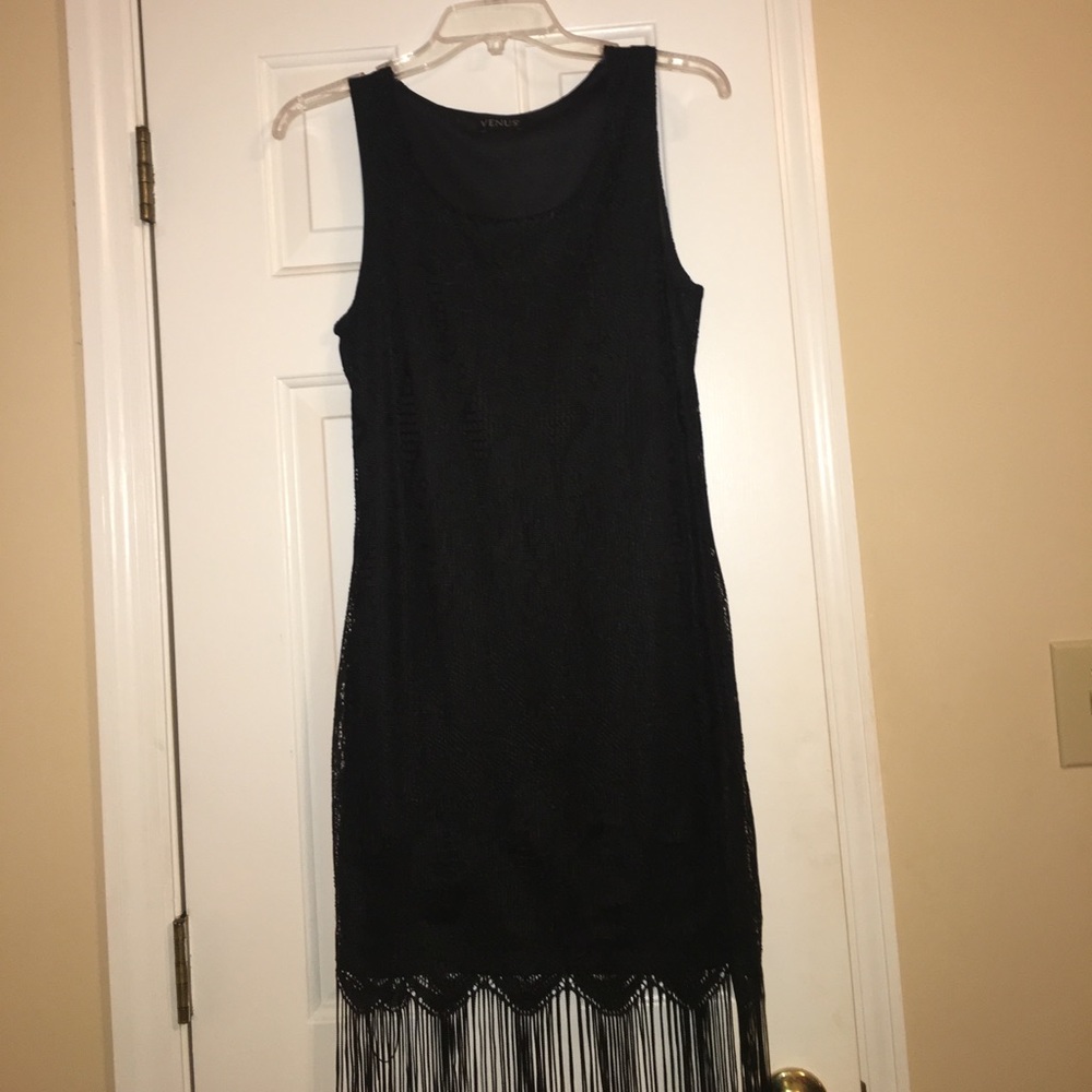 Black lace dress with cute fringes at the bottom