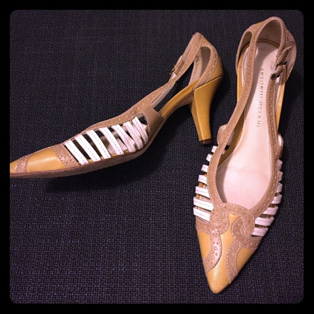 Antonio Melani camel, beige and white combo heels.