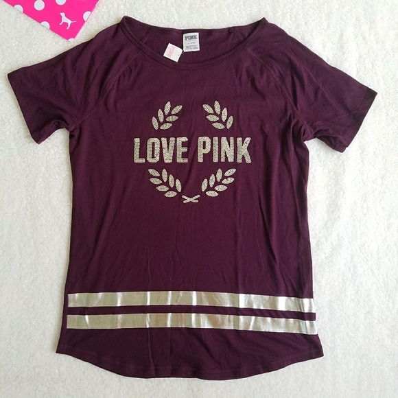 PINK Victoria's Secret Tops - Victoria's Secret PINK Bling Tee Shirt Maroon Rare