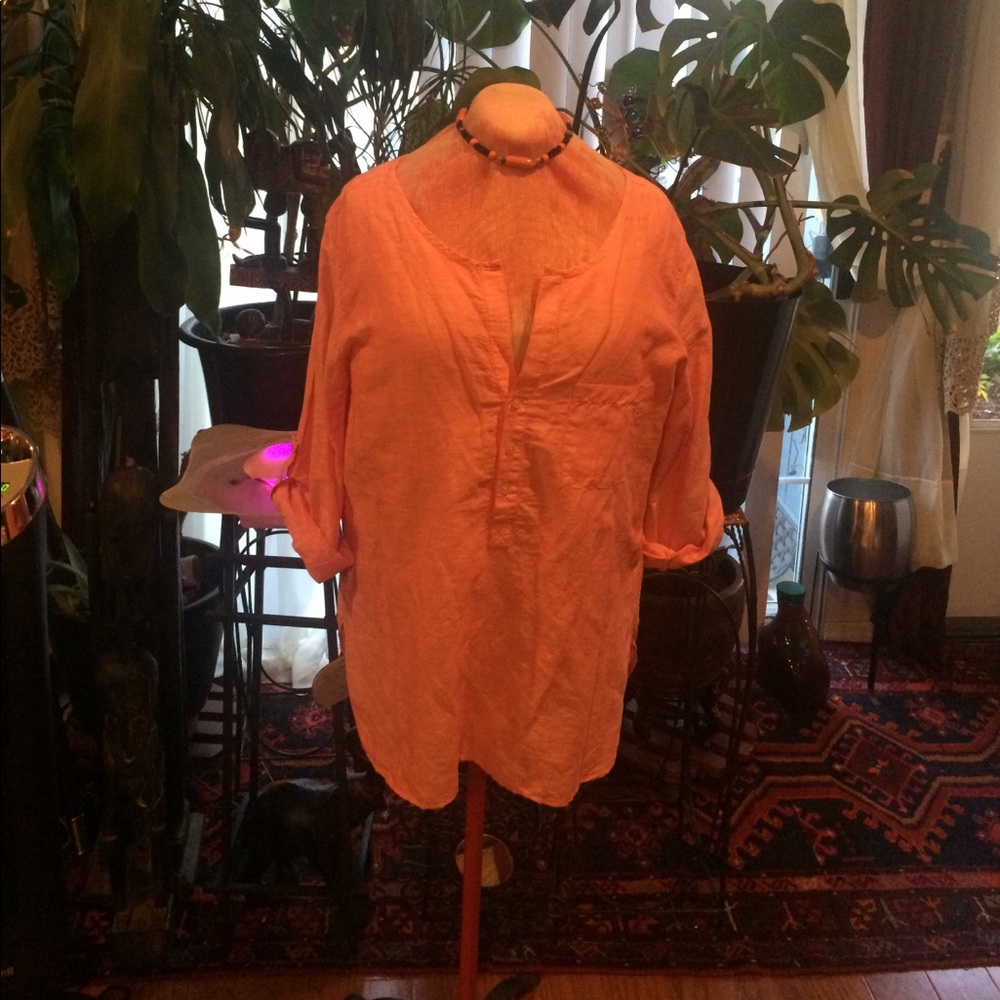 Coral linen blend, button rollup sleeve blouse.