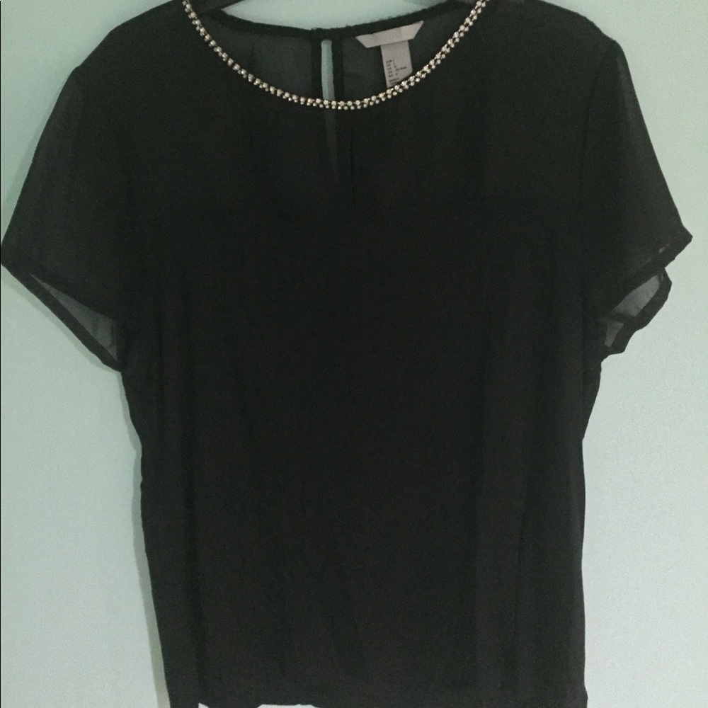 Black blouse with sheer top and necklace detail