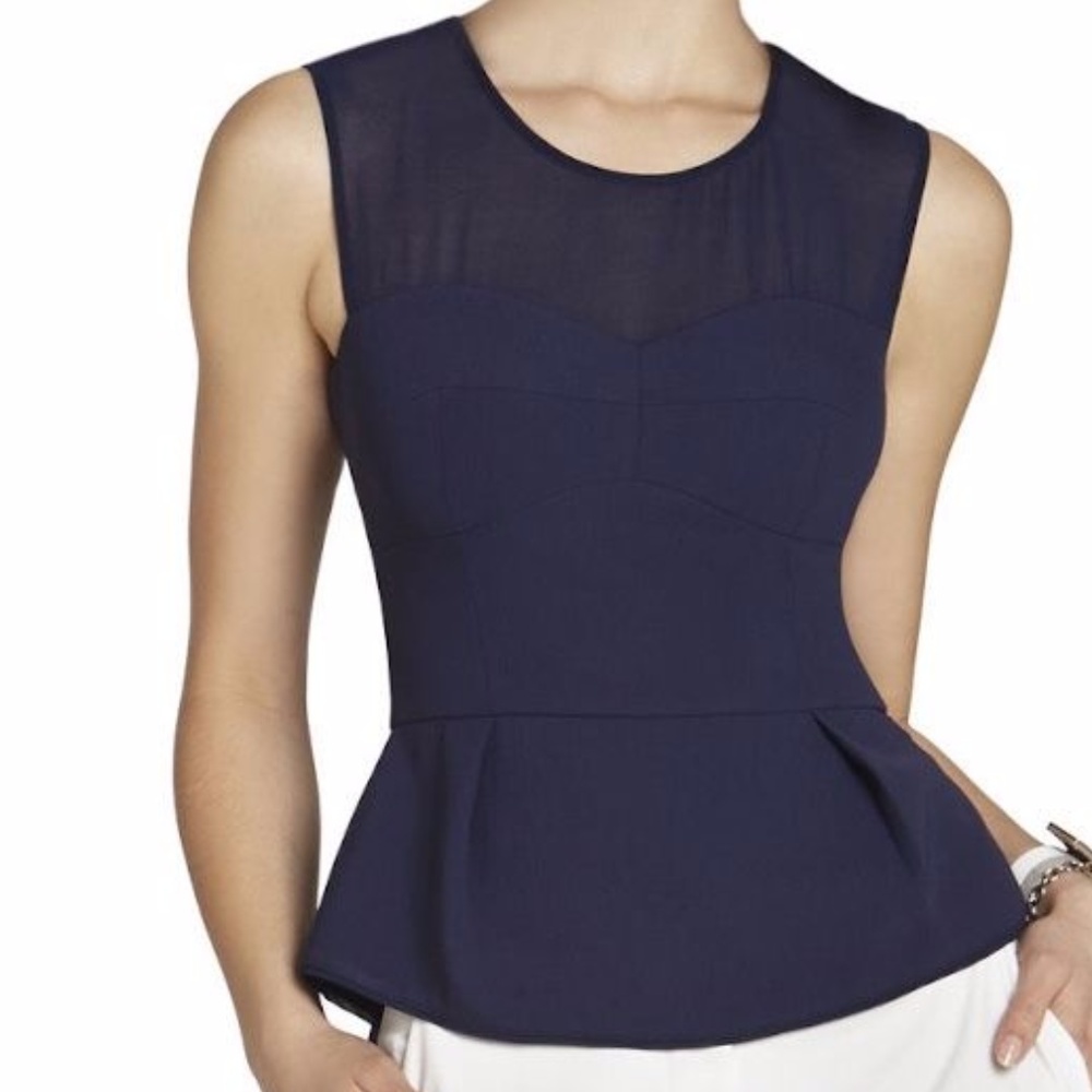 Bcbg MaxAzria Neomi Illusion Peplum Mesh Navy Top
