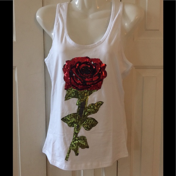 WHITE SEQUIN ROSE JERSEY TANK TOP - Picture 3 of 4