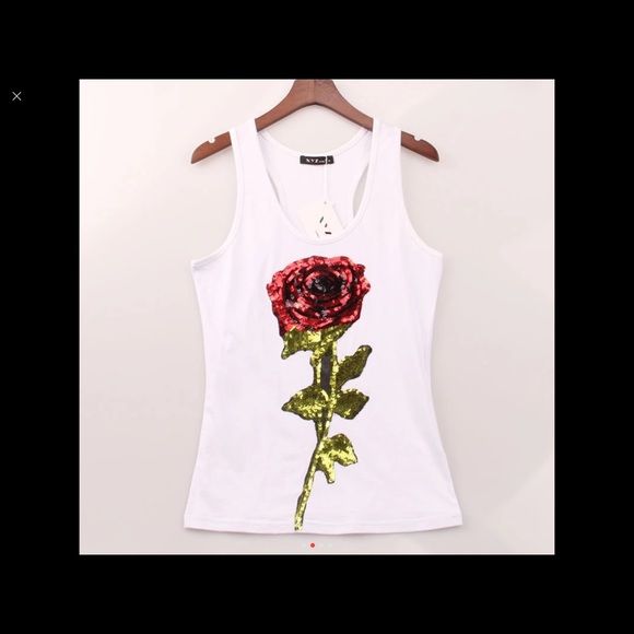 WHITE SEQUIN ROSE JERSEY TANK TOP - Picture 2 of 4