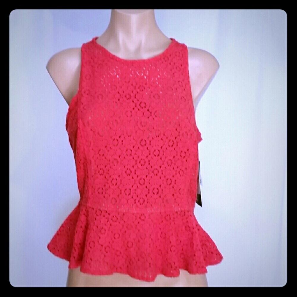 Nwt fashion star peplum top, coral red crochet