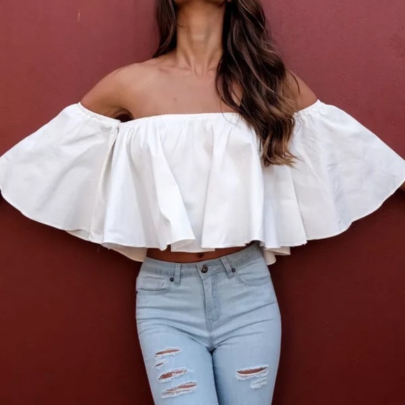 Off Shoulder Bell Sleeve Ruffle Crop Blouse White - Picture 3 of 8