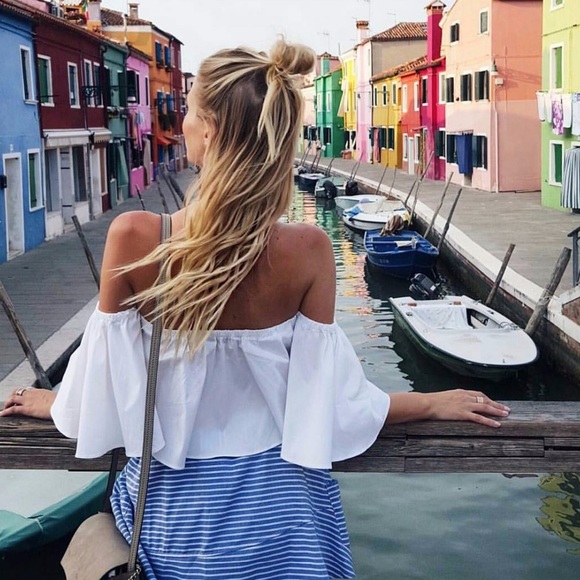 Off Shoulder Bell Sleeve Ruffle Crop Blouse White - Picture 4 of 8