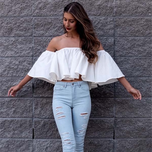 Off Shoulder Bell Sleeve Ruffle Crop Blouse White - Picture 2 of 8