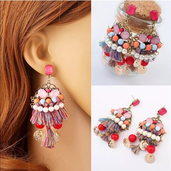 🆕BOHO CHÍC GYPSY LONG TASSLE COIN EARRINGS - Picture 3 of 8