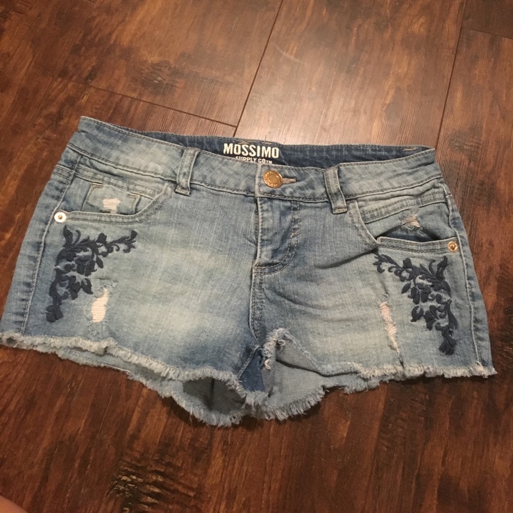 Distressed and Embroidered Jean Shorts