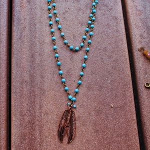 Blue Rosary Necklace with Feather pendant