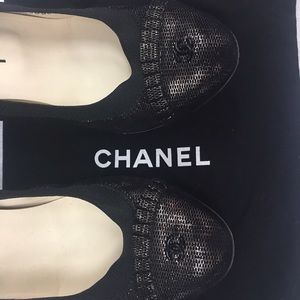 Authentic Chanel Dark Black and Gold Pumps