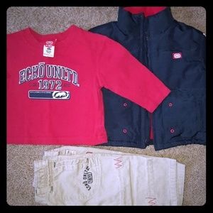 《Ecko Unlimited》khakis/red shirt/navy vest