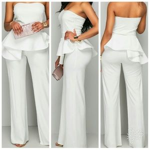 White Strapless High Waist Flouncing Jumpsuit