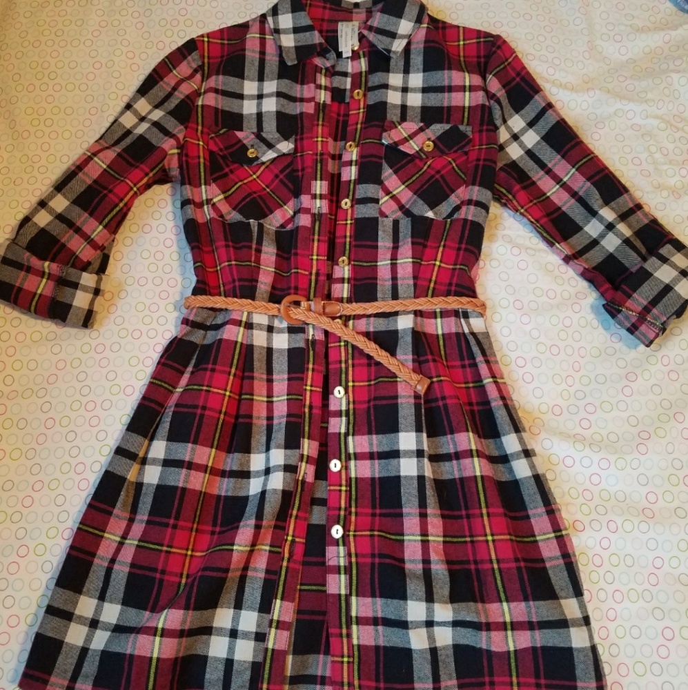 Plaid dress with tan belt