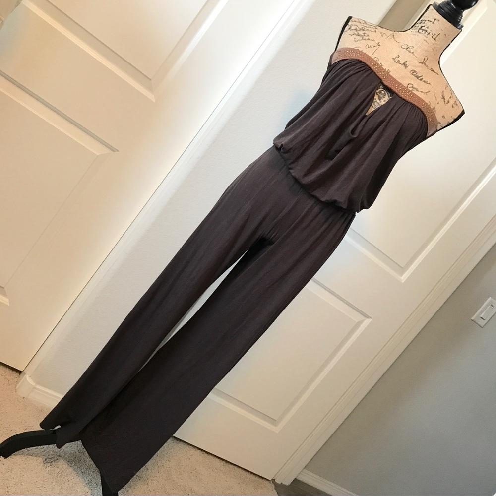 Women's dark brown strapless jumpsuit w/ leather