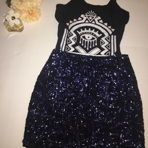 H&M Sequin Mini Skirt w/ Evil Eye Blouse Cami