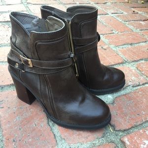 Brown Leather Gold Buckle Detail Booties