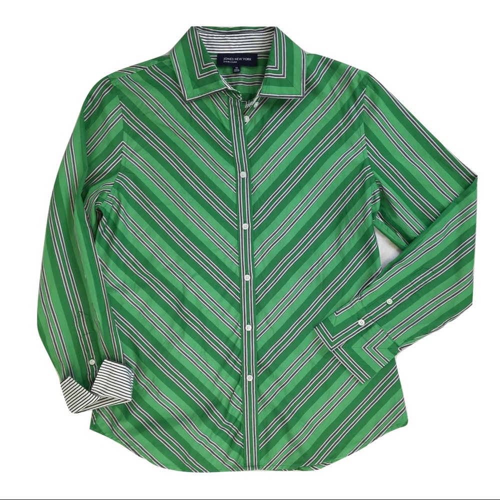 Jones New York Green White Striped Button-Up Shirt