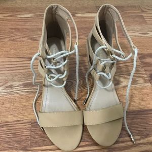Nude open toe lace up wedges