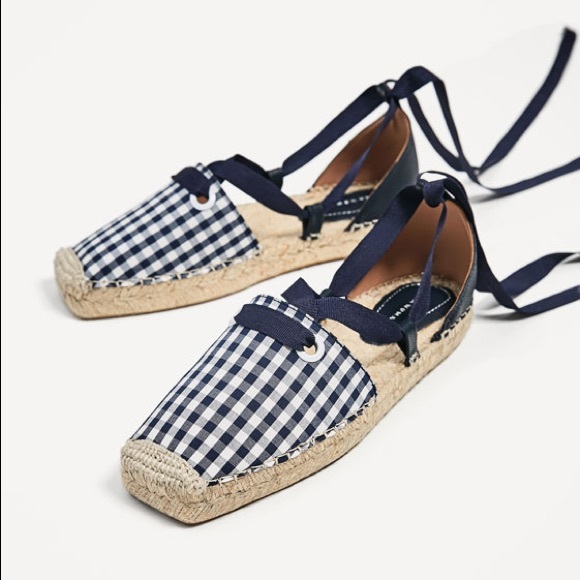 Zara lace up espadrilles navy blue checked print - Picture 2 of 4