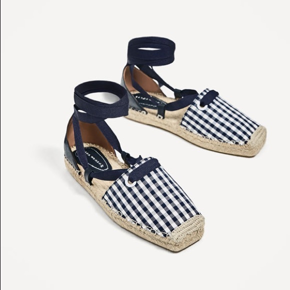 Zara lace up espadrilles navy blue checked print - Picture 3 of 4