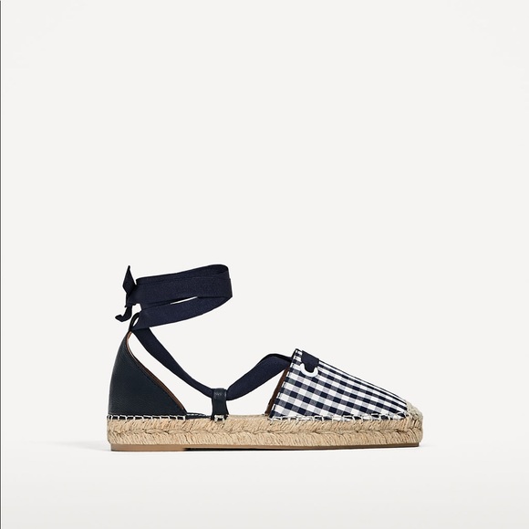 Zara lace up espadrilles navy blue checked print - Picture 4 of 4