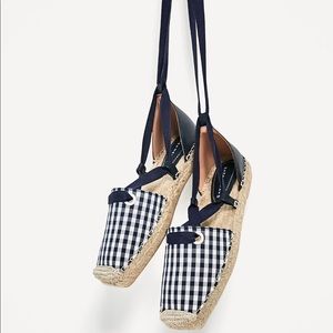 Zara lace up espadrilles navy blue checked print