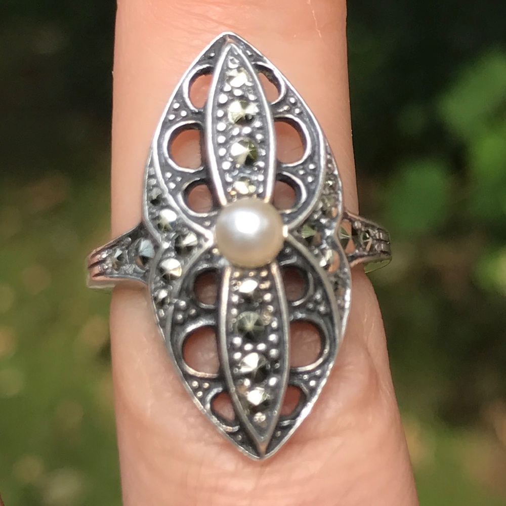 ✨2x HP✨VTG Sterling Silver Marcasite & Pearl Ring