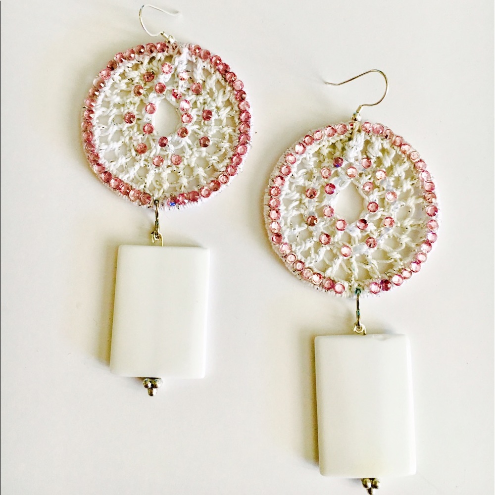 White & Pink Crochet Earrings W/Swarovski Crystals