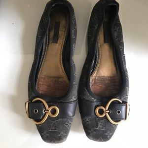 Louis Vuitton Denim Monogram Flats w/ Gold Buckle