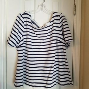 Blue and white boatneck top with zippered neck