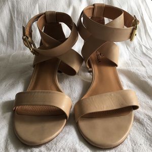 Nude Ankle Wrap Sandals Stacked Gold Heel