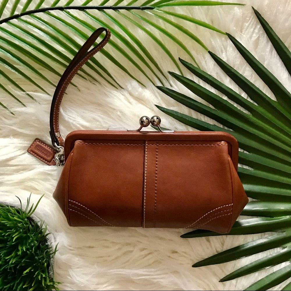 Coach Tan Leather Framed Clasp Wristlet Wallet
