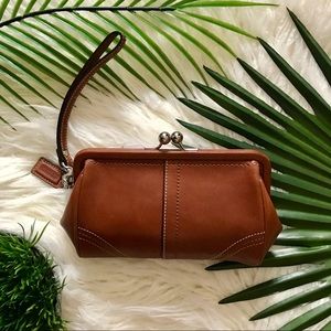 Coach Tan Leather Framed Clasp Wristlet Wallet