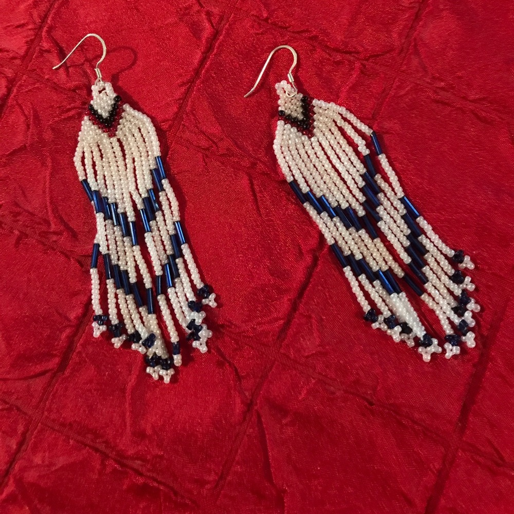 Dangle Bead Earrings white, navy and band of red