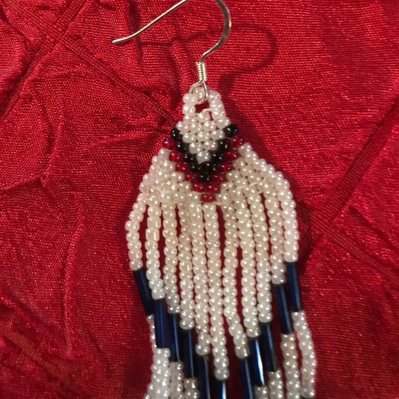 Dangle Bead Earrings white, navy and band of red - Picture 2 of 4
