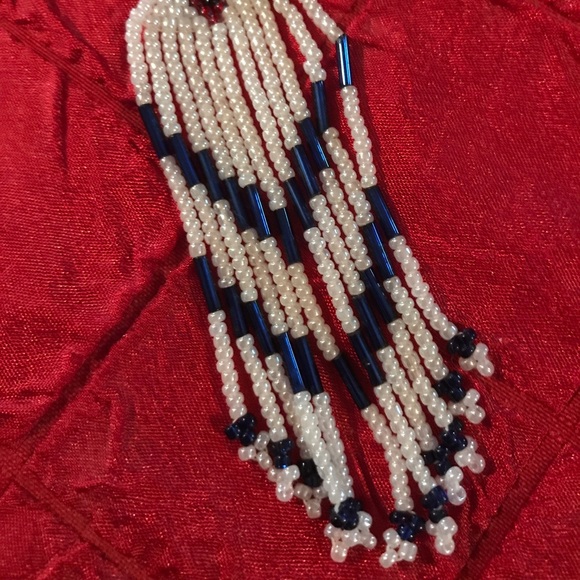 Dangle Bead Earrings white, navy and band of red - Picture 3 of 4