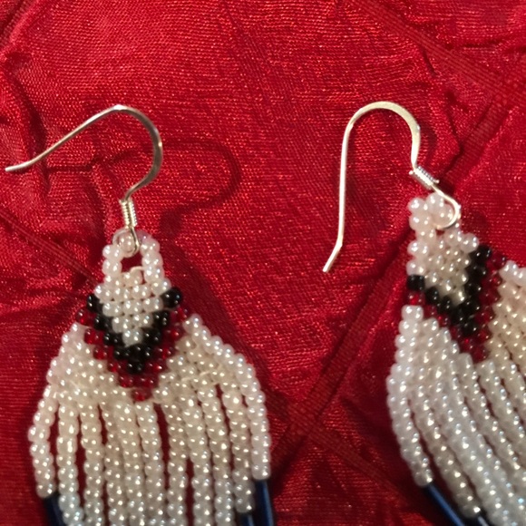 Dangle Bead Earrings white, navy and band of red - Picture 4 of 4