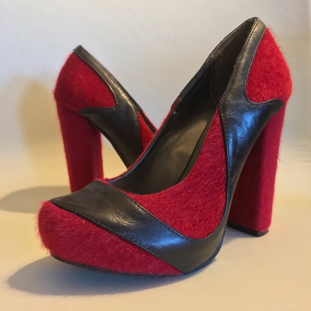 Red fuzzy + Dark Brown faux leather heels