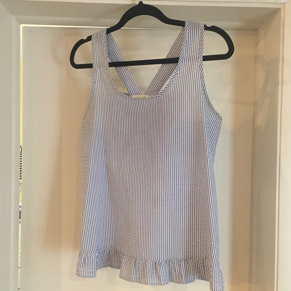 Blue/white striped seersucker tank top