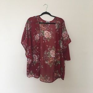 Love Culture maroon red rose floral kimono M Med