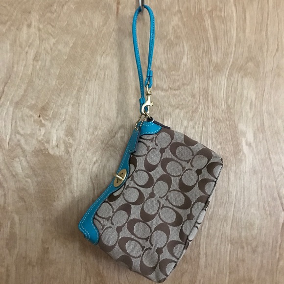 Coach Handbags - Coach Signature Turn-Lock Wristlet in Brown & Teal