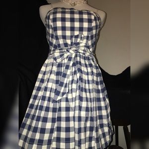 Navy Blue and White Gingham Strapless Dress