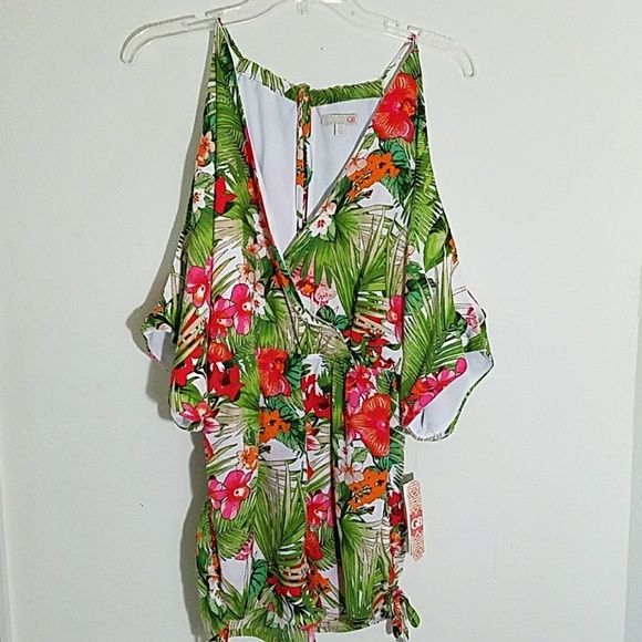 Gianni Bini Palm Print Cold Shoulder Romper - Picture 3 of 5