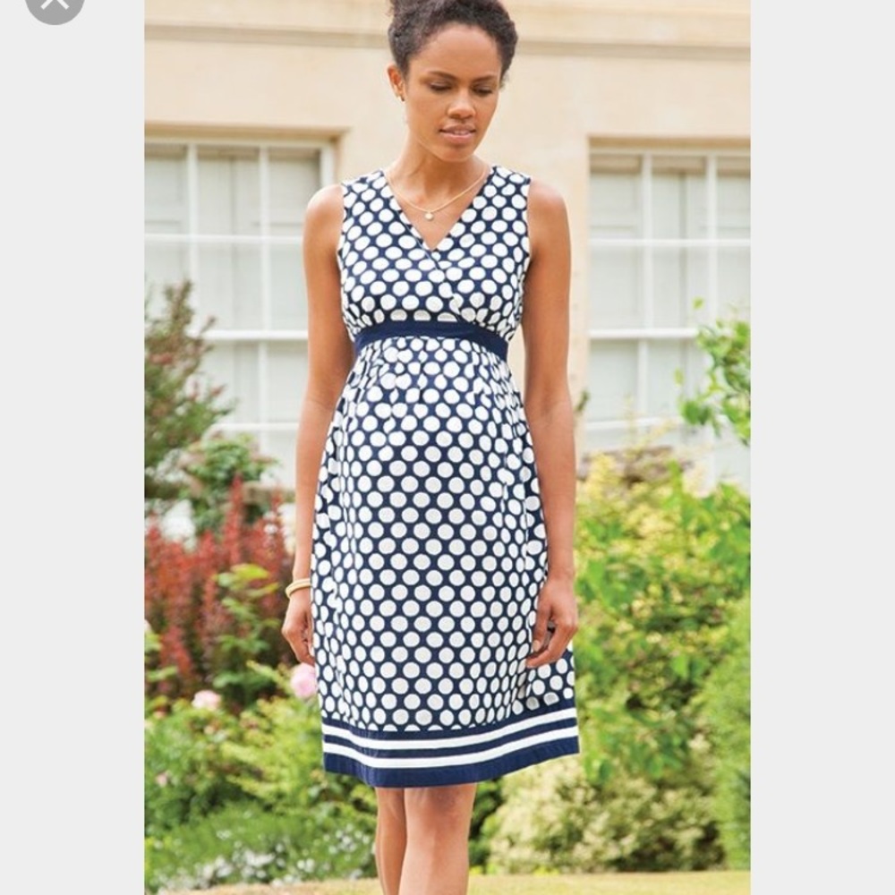 Blue and white polka dot maternity dress