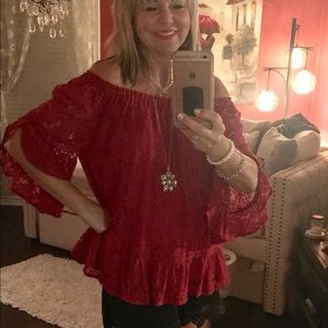 Red Lacy , lined , on or off shoulder top!